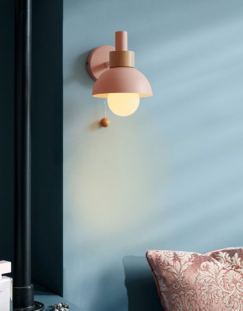 Applique murale boule pastel aluminium bois interrupteur à tirette E26 scandinave salon | Restfield